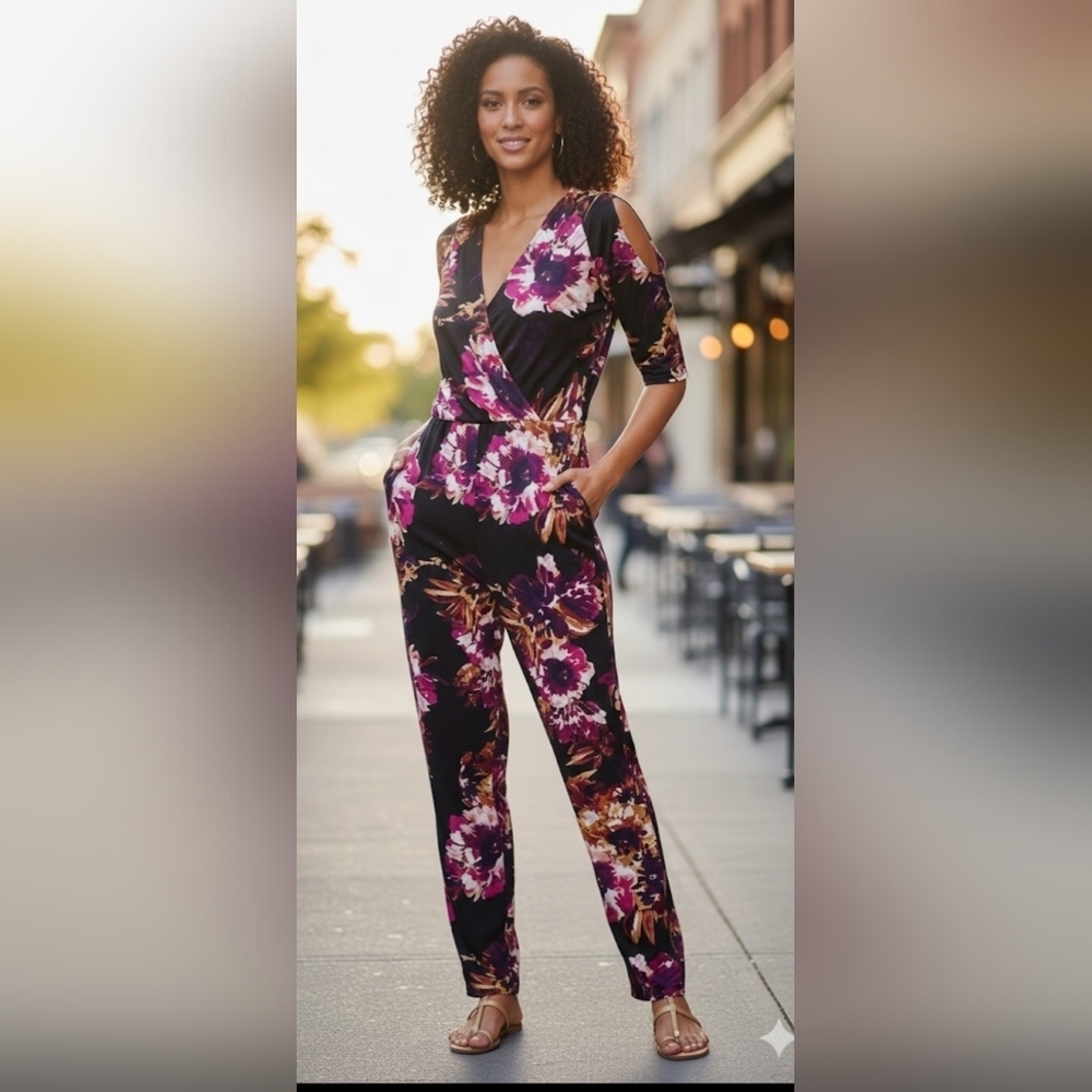 NY Collection Black and Purple Floral Jumpsuit